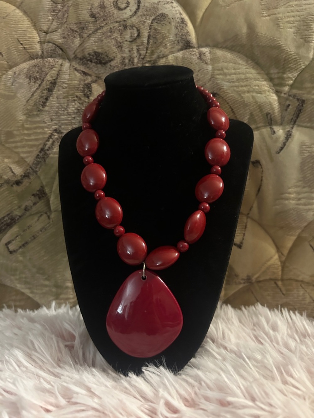 Vintage Bold Red Statement Bead Necklace with Teardrop Pendant
